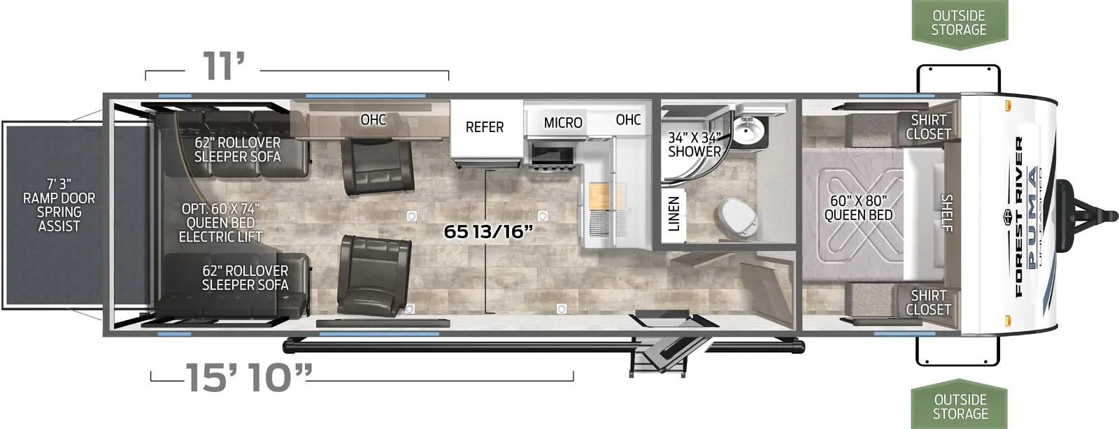 The Puma Unleashed 27TH floorplan is a toy hauler that has one entry and zero slide outs. Exterior features include: metal exterior and 19' awning. Interiors features include: front bedroom.